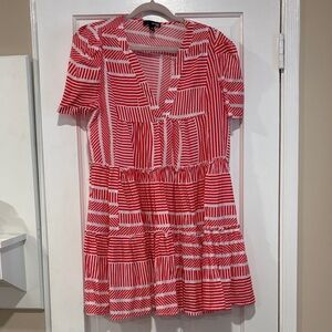 AQUA Women’s Mini Dress Size Large Red White Striped Print V Neck Ruffle Hem